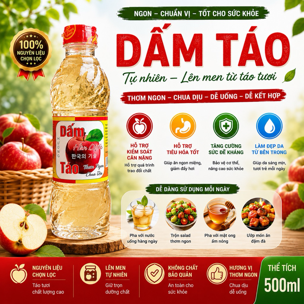 Giấm táo kiểu Hàn Quốc 470ml - trộn gỏi, trộn salad, nấu ăn, uống detox cơ thể, hỗ trợ tiêu hóa