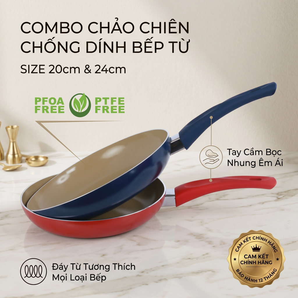 Combo 2 chảo từ chống dính Ceragold COMET 20cm và 24cm, Chảo Chống Dính Đáy Từ Comet Cao Cấp Chảo Từ