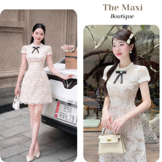 Váy thiết kế dáng xoè phối ren đính nơ cài cao cấp MC7