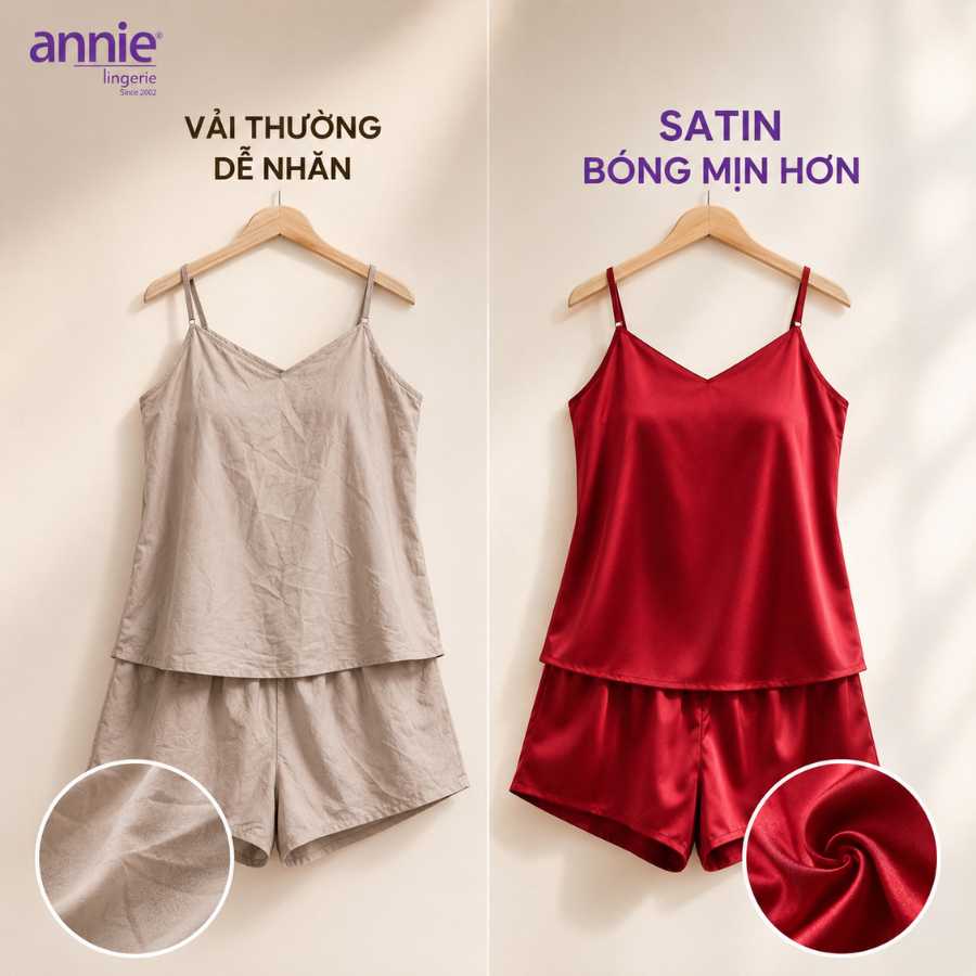 Bộ Đồ Ngủ Nữ Lụa Satin Cổ Tim annie AL 6046 Hai Dây Mặc Nhà Cao Cấp, Mềm Mại Bóng Mịn, Thoáng Mát Sang Trọng