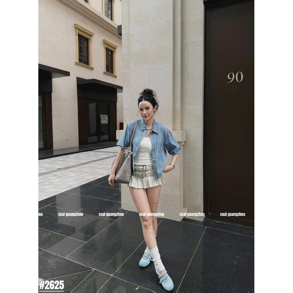 🥭Chân váy jeans xếp li loang màu đai giữa siu chất hot trend e về 2 màu sll hàng QC loại 1 ❌