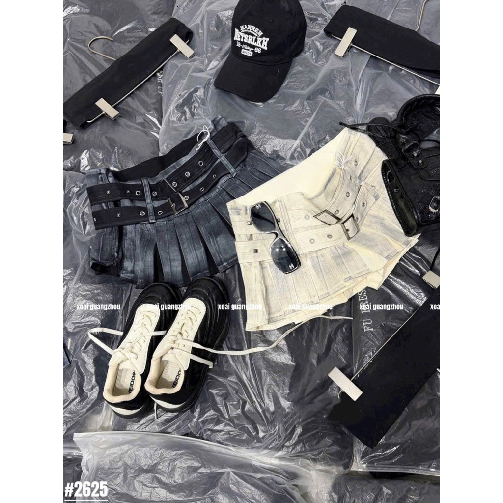 🥭Chân váy jeans xếp li loang màu đai giữa siu chất hot trend e về 2 màu sll hàng QC loại 1 ❌
