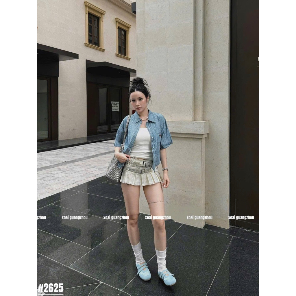 🥭Chân váy jeans xếp li loang màu đai giữa siu chất hot trend e về 2 màu sll hàng QC loại 1 ❌