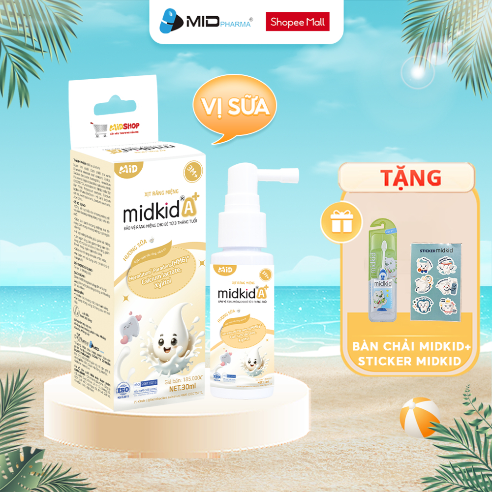 Xịt chống sâu răng Midkid A+ cho trẻ từ 3 tháng nuốt an toàn giúp ngừa sâu răng, tưa nấm lưỡi, sạch thơm miệng, lọ 30ml