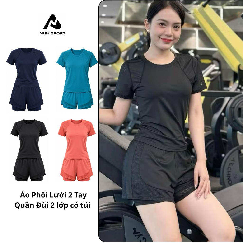 Bộ Quần Áo Tập Gym Yoga Erobic Chạy Bộ Đạp Xe Nữ, Bộ Thể Thao Nữ Áo Phủ Bụng Phối Lưới Quần Đùi 2 Lớp Có Túi(NG10)