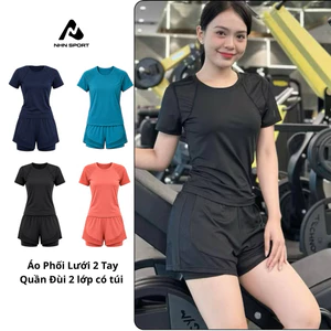 Bộ Quần Áo Tập Gym Yoga Erobic Chạy Bộ Đạp Xe Nữ, Bộ Thể Thao Nữ Áo Phủ Bụng Phối Lưới Quần Đùi 2 Lớp Có Túi(NG10)