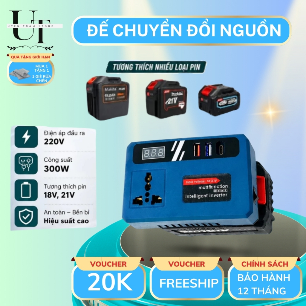 Đế Chuyển Đổi Nguồn Điện Cho Pin Makita, Chân Pin Phổ Thông, Chuyển 21V Lên 220V, Siêu Hot 2026