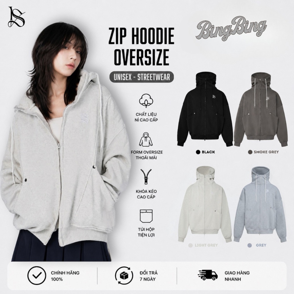 (KHÔNG XÙ LÔNG) BingBing - Áo Khoác Kéo Khóa Nỉ Chân Cua Cổ Cao Logo Thêu Túi To Form Boxy Unisex