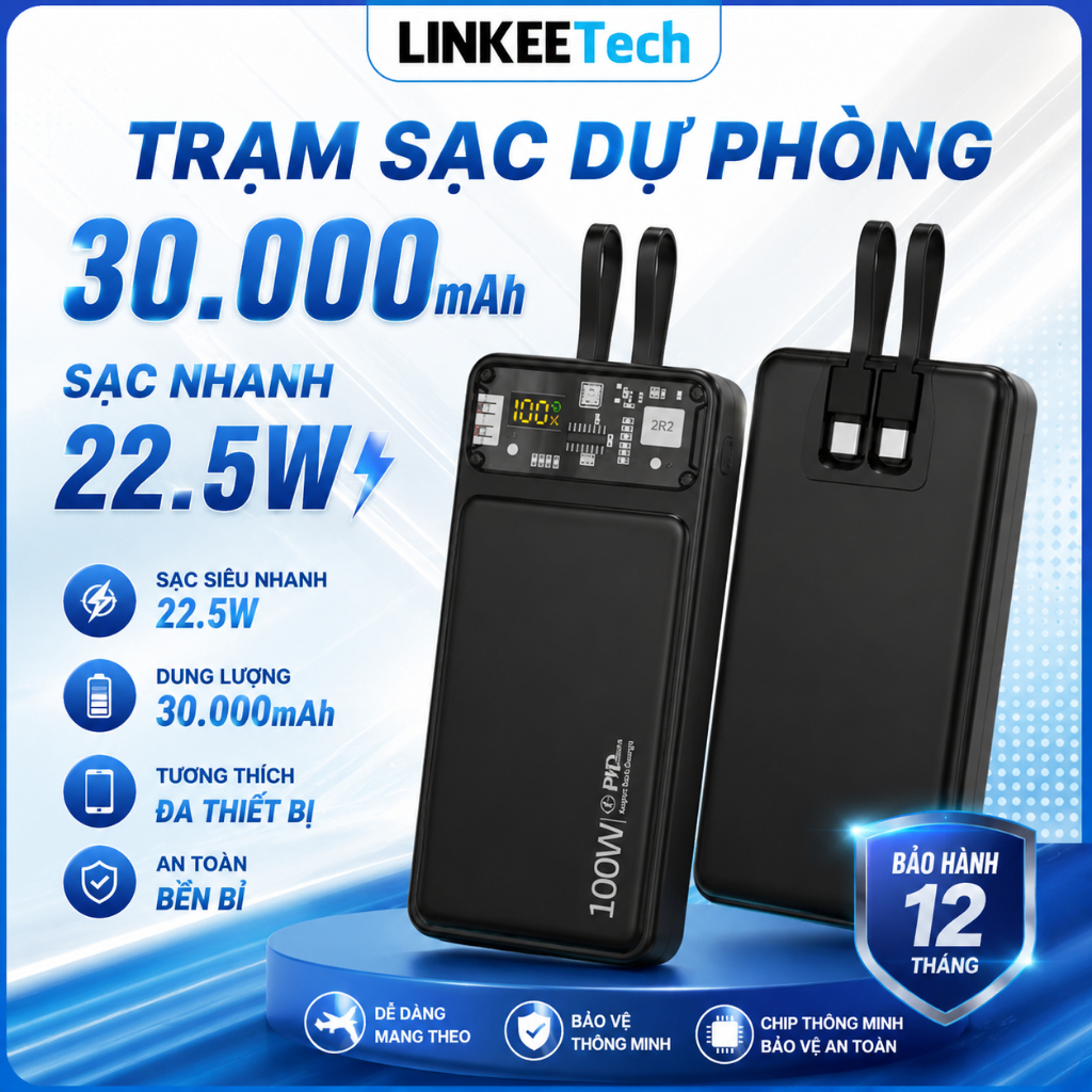 Sạc Dự Phòng 30000mAh 2 Output USB 2 Input Micro Type-C - Hỗ Trợ Sạc Nhanh