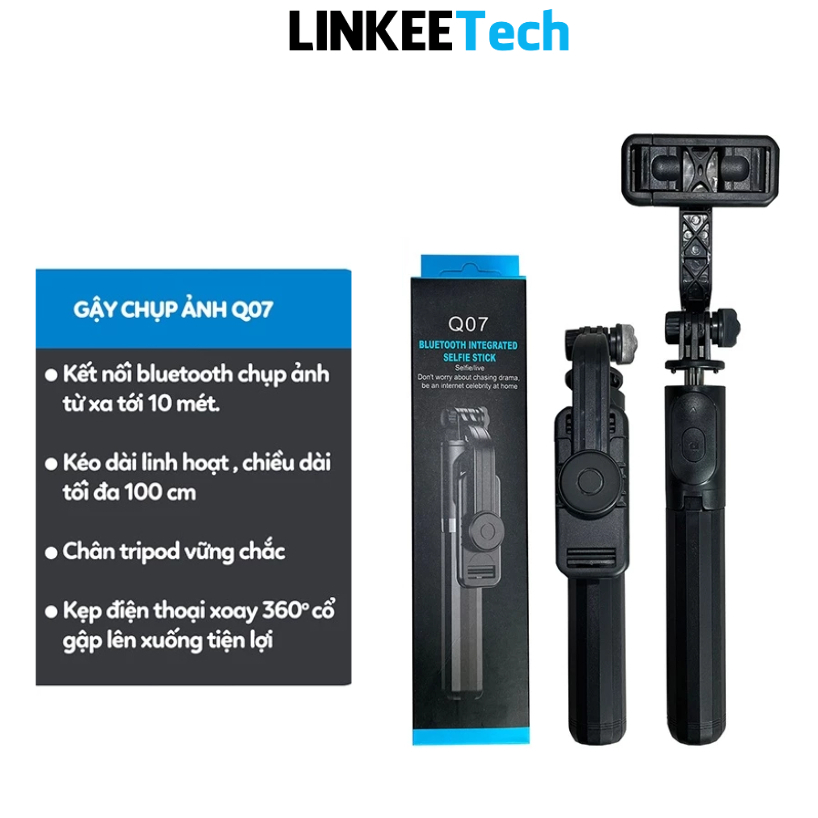 Gậy Chụp Ảnh 3 Chân Q07 100cm kèm Remote Chụp Hình từ xa Tự Sướng Selfie Tripod đa năng Giá Đỡ Livestream Linkeetech
