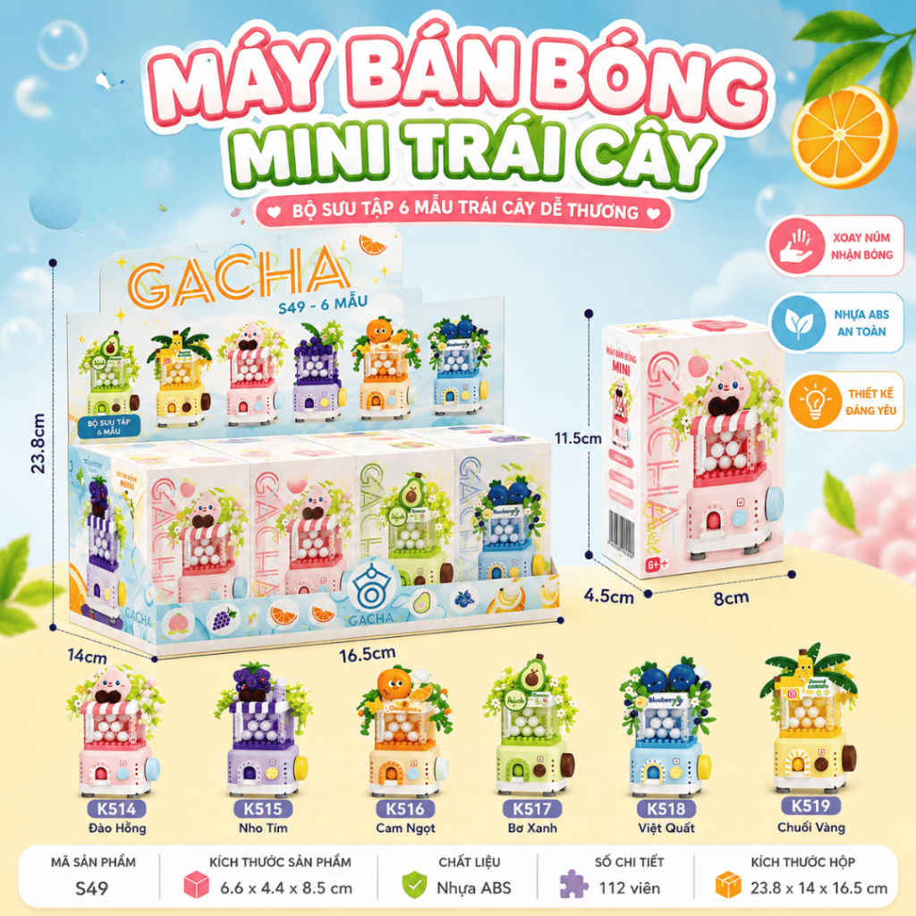 Bộ Lắp Ghép Máy Bán Bóng Mini Trái Cây Cho Bé, Mô Hình Lắp Ráp Trang Trí Bàn Học Dễ Thương
