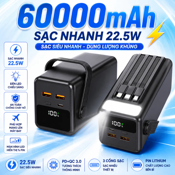 Sạc dự phòng 60.000 PD 22.5W tích hợp 3 cổng sạc, Pin dự phòng có đèn và cáp sạc đa năng PKMALL