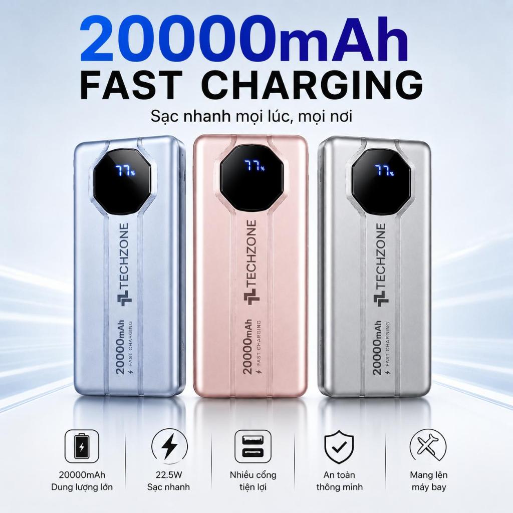 Sạc Dự Phòng 20000mah, Chính Hãng, Sạc Nhanh 22.5W, Có Sẵn Cáp Sạc, Sạc Được Nhiều Thiết Bị PKMALL