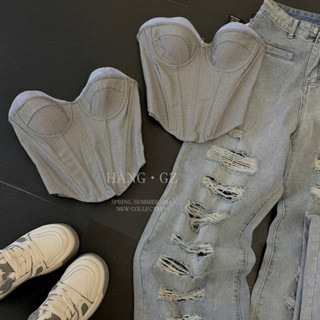 QCL1 2241 Áo cup jeans corset phối màu khoá lưng tông màu siêu tây, siêu sang tôn V1