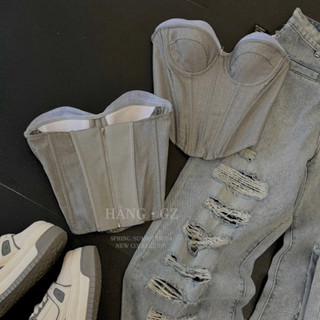 QCL1 2241 Áo cup jeans corset phối màu khoá lưng tông màu siêu tây, siêu sang tôn V1