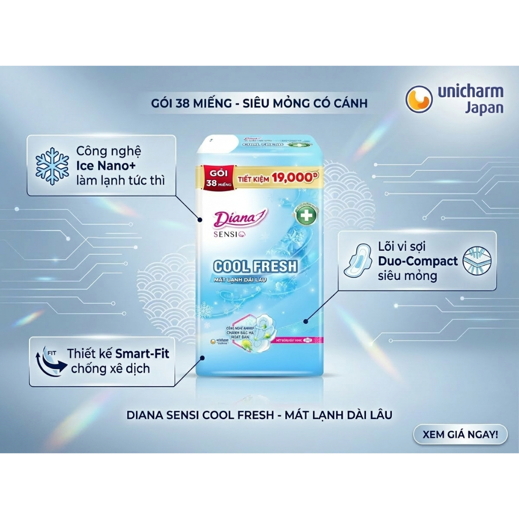 ❄️ BĂNG VỆ SINH DIANA SENSI COOL FRESH SIÊU MỎNG CÁNH - GÓI TIẾT KIỆM 38 MIẾNG ❄️