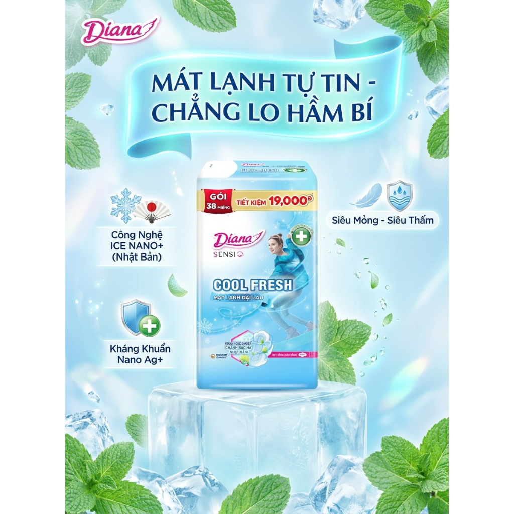 ❄️ BĂNG VỆ SINH DIANA SENSI COOL FRESH SIÊU MỎNG CÁNH - GÓI TIẾT KIỆM 38 MIẾNG ❄️