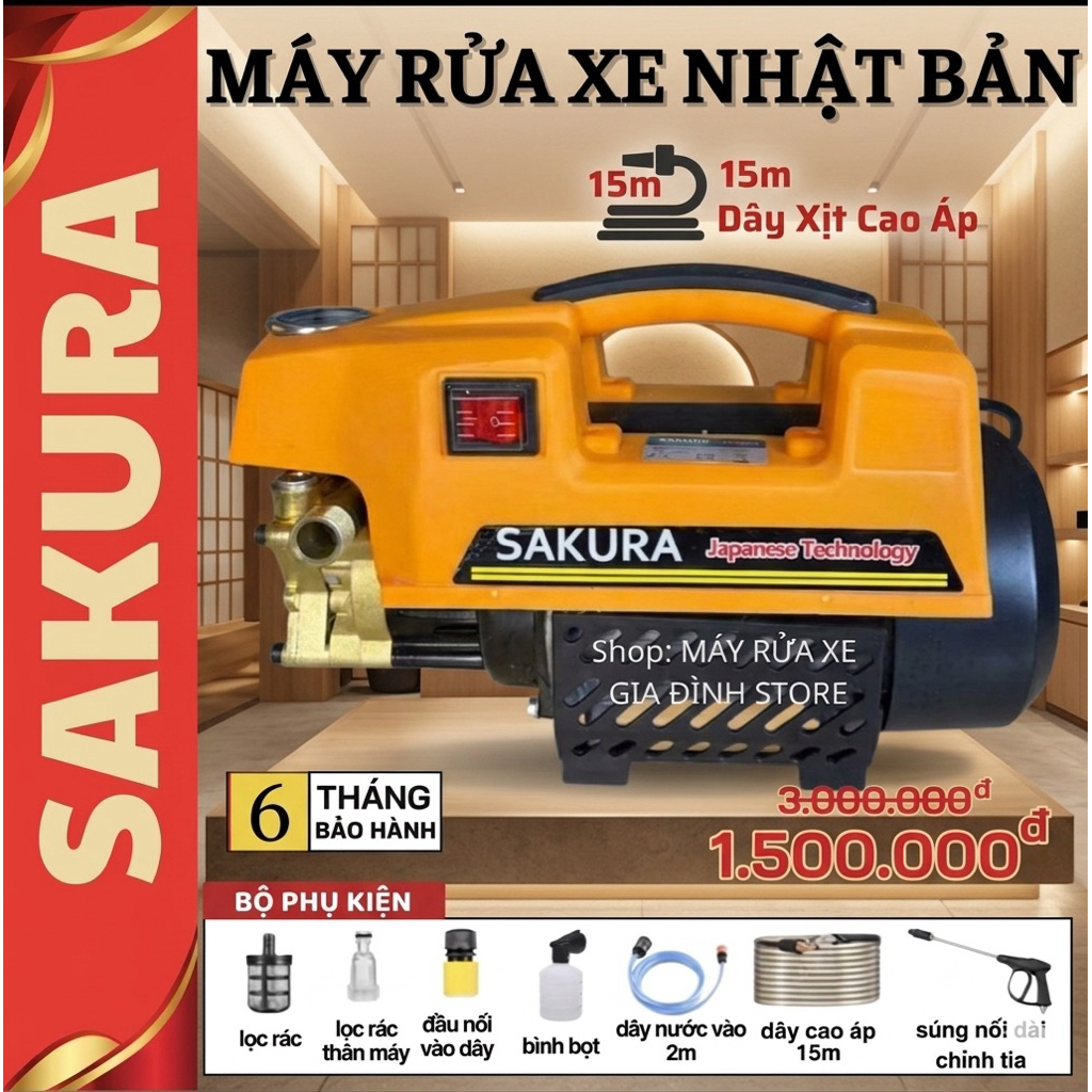 Máy rửa xe Sakura ASK9093 áp lực cao - Máy rửa xe mini - Đầy đủ phụ kiện TẶNG bình tạo bọt