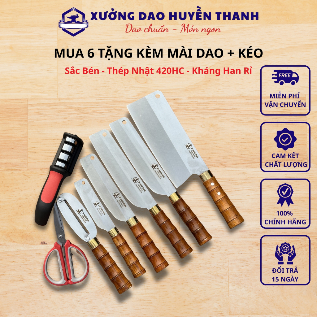[Mua 6 tặng 2] Bộ Dao Thép Trắng Kháng Han Rỉ Cao Cấp, Cán Trúc Chắc Chắn Được Rèn Thủ Công Tặng Máy Mài Dao Kéo