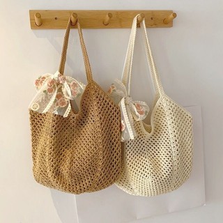 Set Túi Tote + Mũ Cói Đi Biển Vành Rộng Viền Ren Phối Nơ Chụp Ảnh Phong Cách Hàn Quốc Siêu Xinh