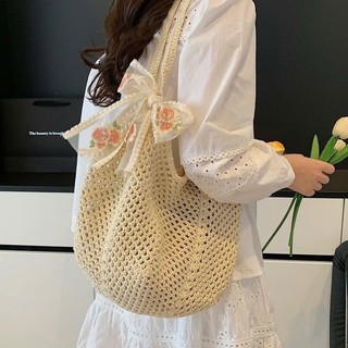 Set Túi Tote + Mũ Cói Đi Biển Vành Rộng Viền Ren Phối Nơ Chụp Ảnh Phong Cách Hàn Quốc Siêu Xinh