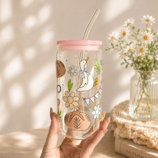 Cốc Thuỷ Tinh Cute Duck 500ml, Ly Thuỷ Tinh Cute Chịu Nhiệt Kèm Phụ Kiện, Quà Tặng Sinh Nhật