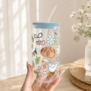 Cốc Thuỷ Tinh Cute Duck 500ml, Ly Thuỷ Tinh Cute Chịu Nhiệt Kèm Phụ Kiện, Quà Tặng Sinh Nhật
