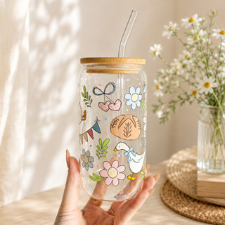 Cốc Thuỷ Tinh Cute Duck 500ml, Ly Thuỷ Tinh Cute Chịu Nhiệt Kèm Phụ Kiện, Quà Tặng Sinh Nhật