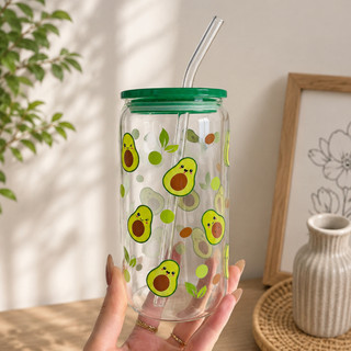 Cốc Thủy Tinh Quả Bơ Xanh 500ml, Ly Thủy Tinh 16Oz Chịu Nhiệt Kèm Phụ Kiện, Quà Tặng Sinh Nhật