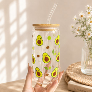 Cốc Thủy Tinh Quả Bơ Xanh 500ml, Ly Thủy Tinh 16Oz Chịu Nhiệt Kèm Phụ Kiện, Quà Tặng Sinh Nhật