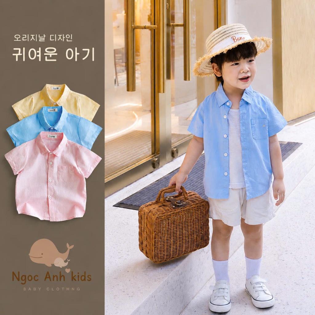 Áo sơ mi cộc tay bé trai sắc màu, áo sơ mi thô lụa túi ngực thêu chữ R cho bé