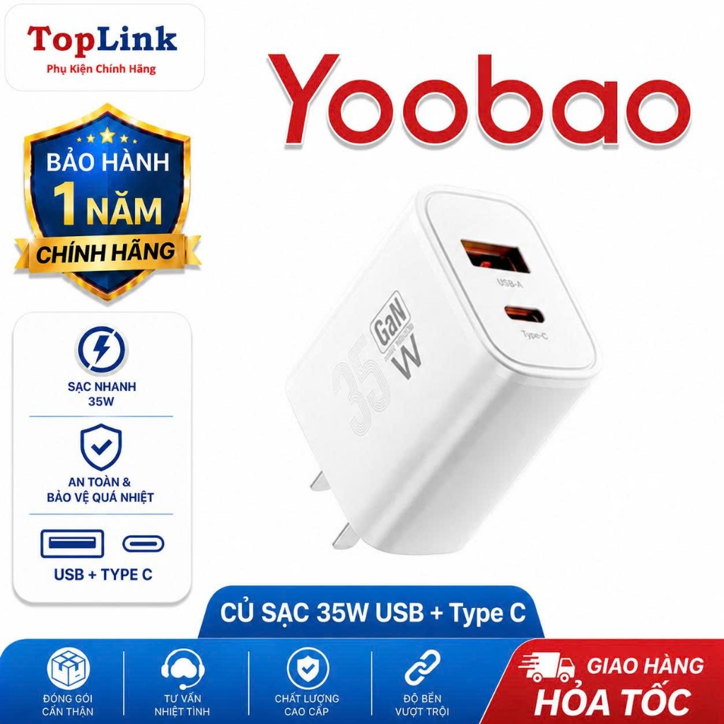 Củ Sạc Nhanh Yoobao 35W GaN 2 Cổng Type C + USB A Cho IP 16 15 14 Pad Nhỏ Gọn Có CCC An Toàn Chống Cháy Nổ