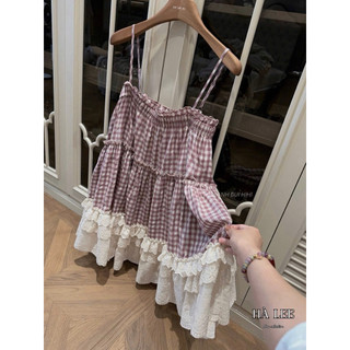 Váy Xuông 2 Dây Kẻ Hồng Phối Boi KAB [HÀNG QC]