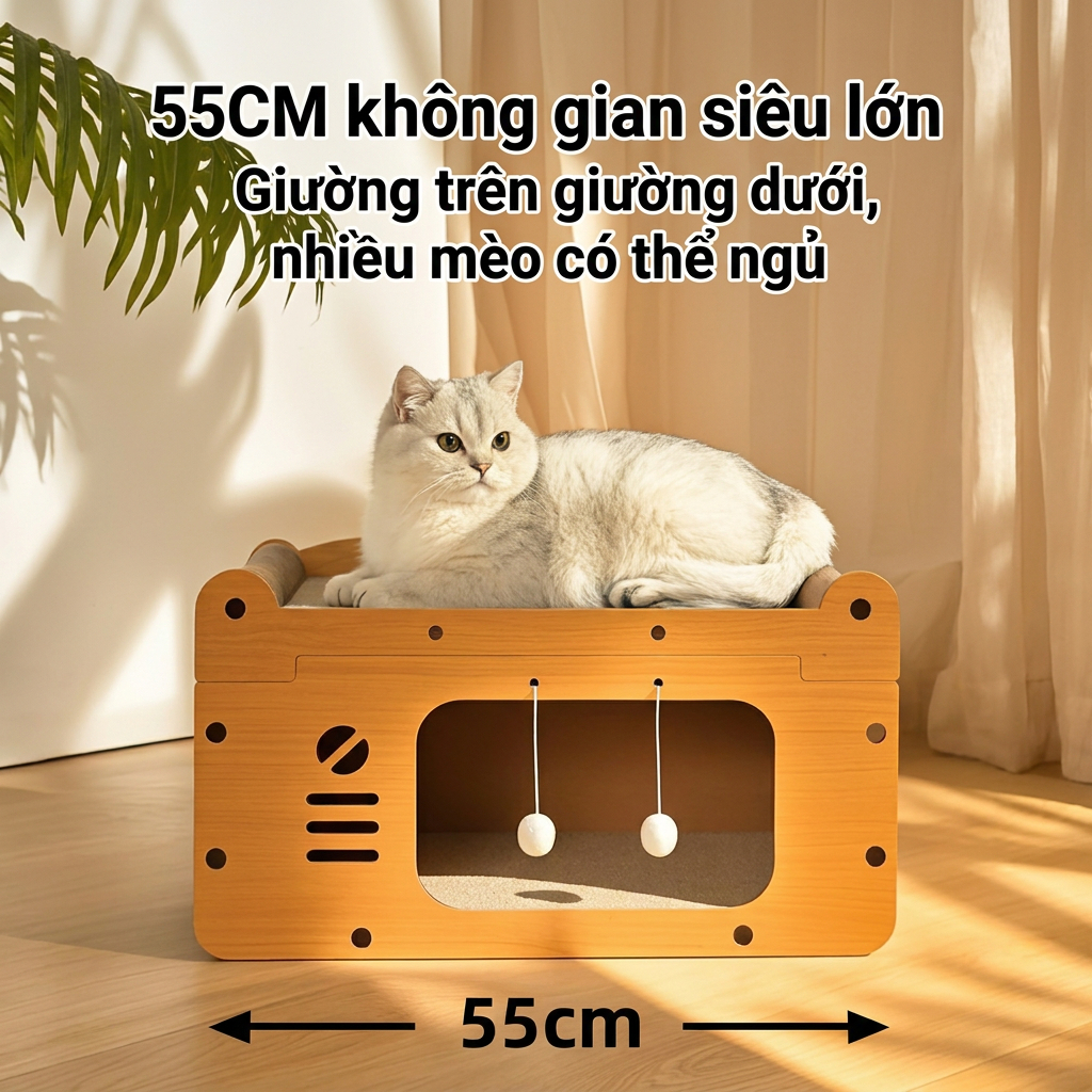 Nhà Mèo Gỗ MDF Lắp Ráp Kết Hợp Cào Mèo Giấy Carton Sóng, Nhà Ngủ Sofa Thú Cưng