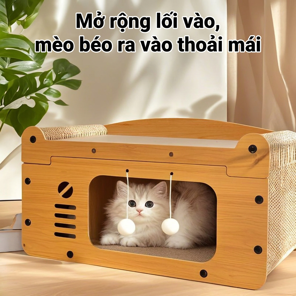 Nhà Mèo Gỗ MDF Lắp Ráp Kết Hợp Cào Mèo Giấy Carton Sóng, Nhà Ngủ Sofa Thú Cưng