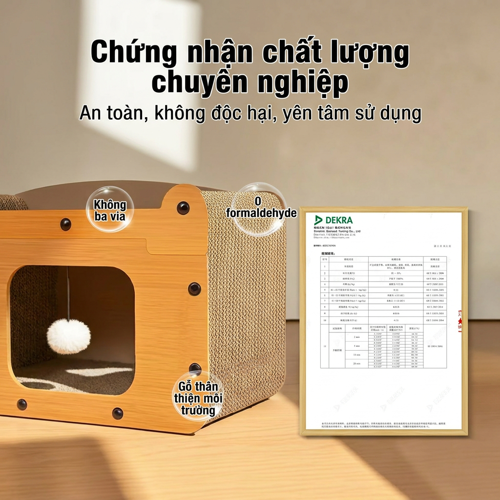 Nhà Mèo Gỗ MDF Lắp Ráp Kết Hợp Cào Mèo Giấy Carton Sóng, Nhà Ngủ Sofa Thú Cưng