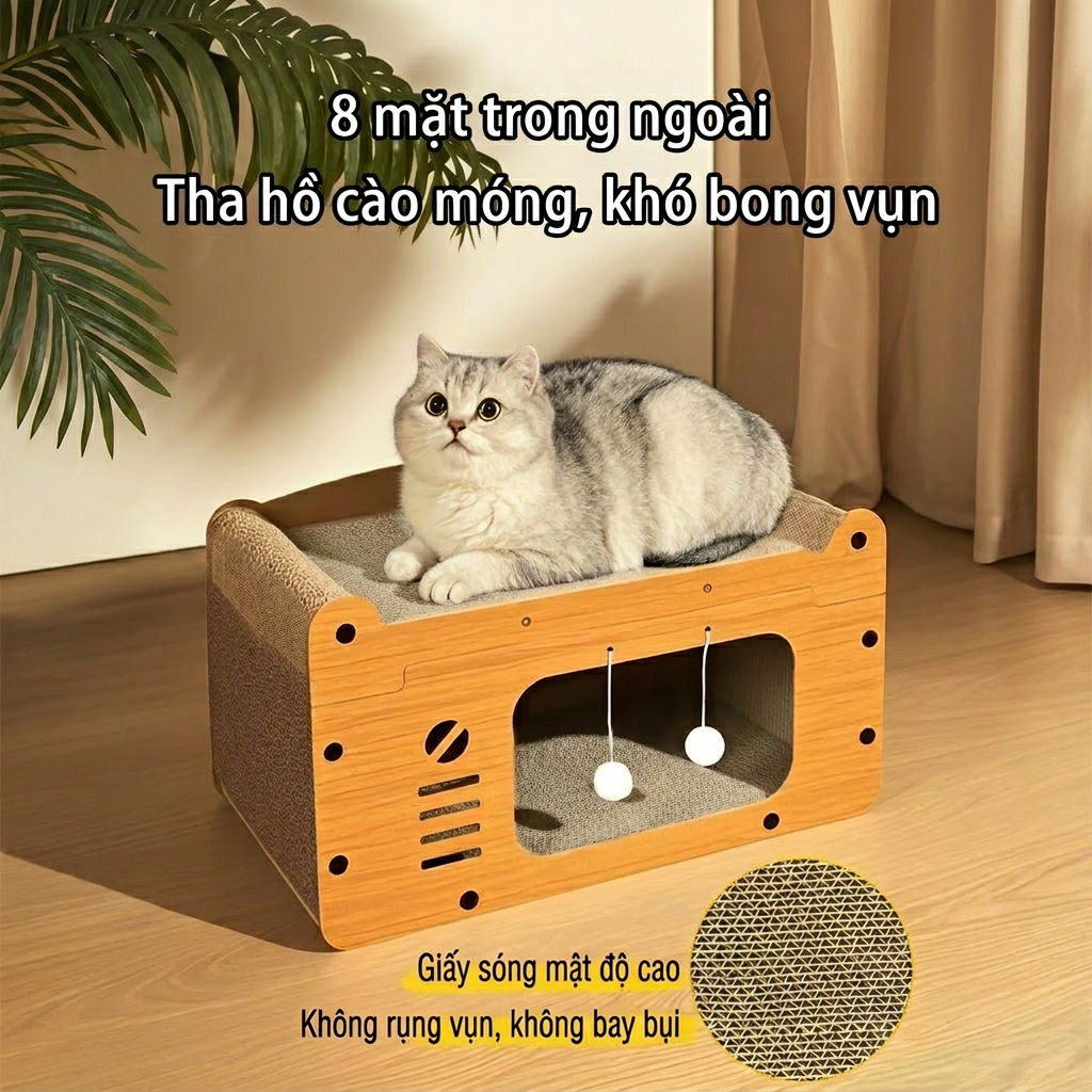 Nhà Mèo Gỗ MDF Lắp Ráp Kết Hợp Cào Mèo Giấy Carton Sóng, Nhà Ngủ Sofa Thú Cưng