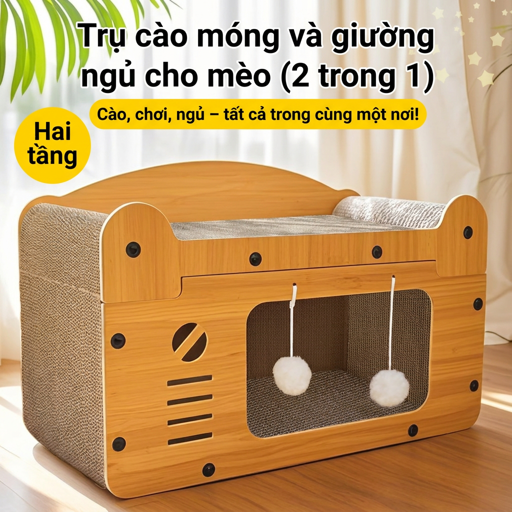 Nhà Mèo Gỗ MDF Lắp Ráp Kết Hợp Cào Mèo Giấy Carton Sóng, Nhà Ngủ Sofa Thú Cưng