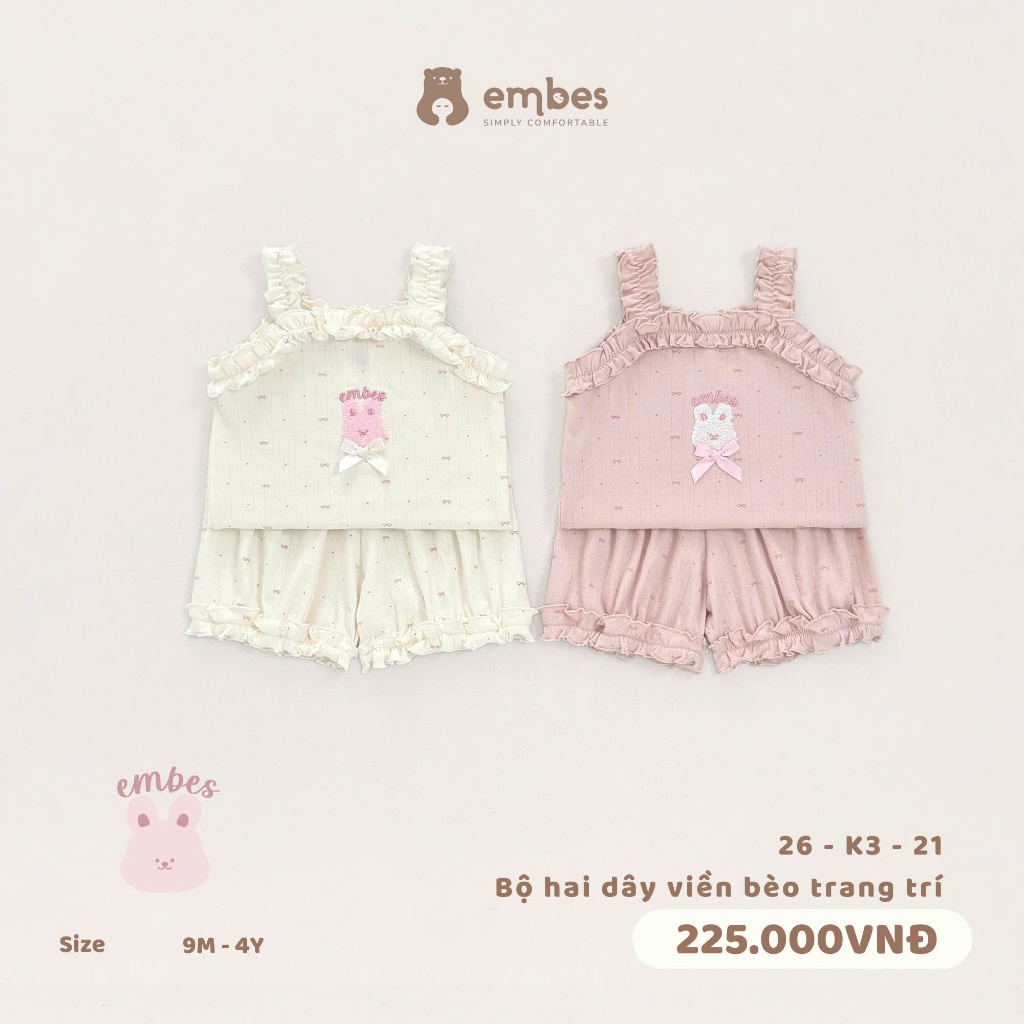 Bộ Hai Dây Bé Gái Embes, Bộ Cộc Hai Dây Thỏ Nhún Viền Bèo Chất Thông Hơi Cho Bé Gái Size Từ 8-18kg