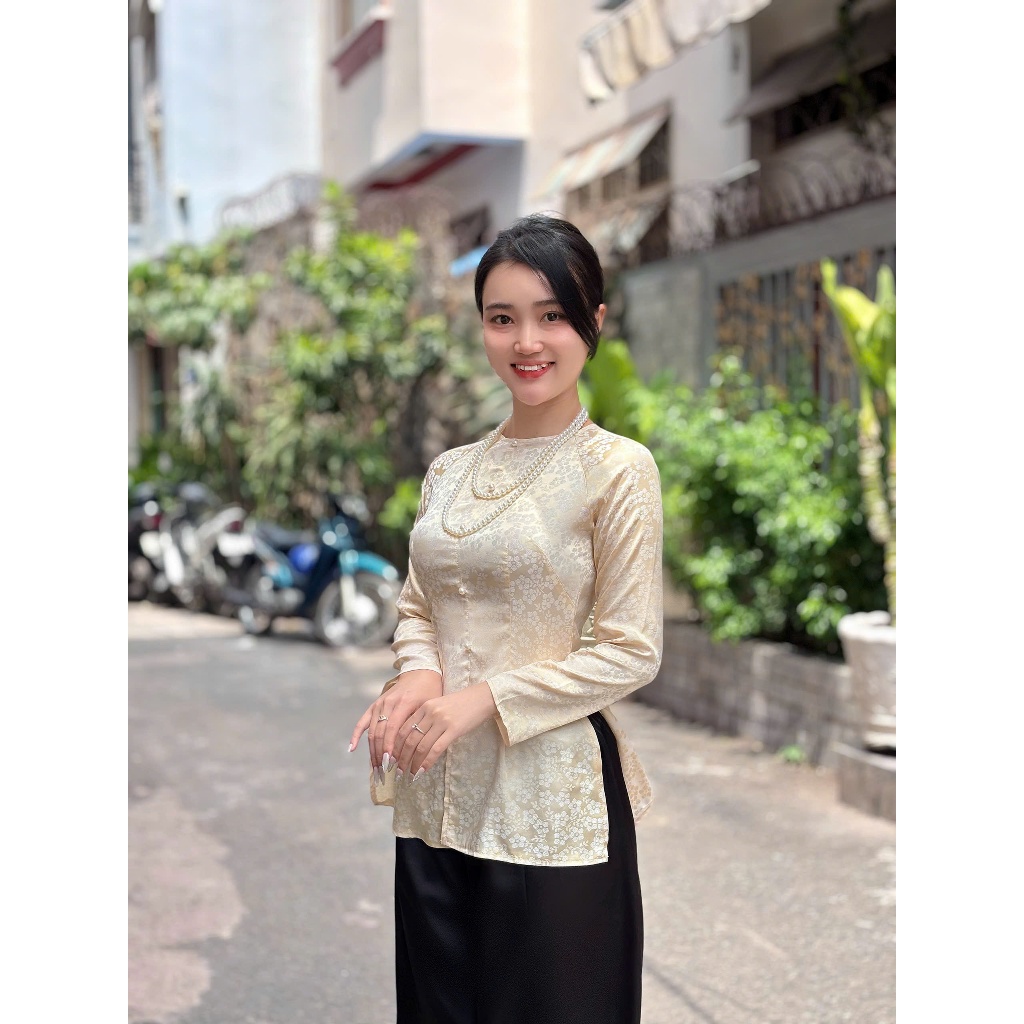 Hân Nguyễn Áo Bà Ba - B.A167 - ( FORM DÁNG DÀI ) Áo Bà Ba Hoa Xinh Cổ Tròn Dây Kéo ( QUẦN NGỌC TRAI )