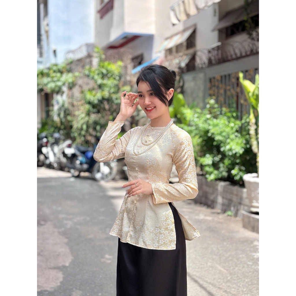Hân Nguyễn Áo Bà Ba - B.A167 - ( FORM DÁNG DÀI ) Áo Bà Ba Hoa Xinh Cổ Tròn Dây Kéo ( QUẦN NGỌC TRAI )