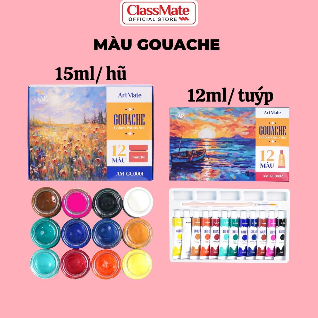 Màu Gouache Classmate 12 Màu 15ml/Hũ, 12ml/Tuýp, Màu Mịn Tươi Sáng, Chồng Được Màu, Pha Sẵn Dễ Trộn Màu, Vẽ Đa Chất Liệu