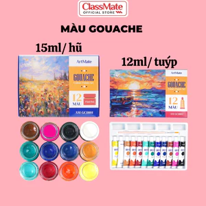 Màu Gouache Classmate 12 Màu 15ml/Hũ, 12ml/Tuýp, Màu Mịn Tươi Sáng, Chồng Được Màu, Pha Sẵn Dễ Trộn Màu, Vẽ Đa Chất Liệu