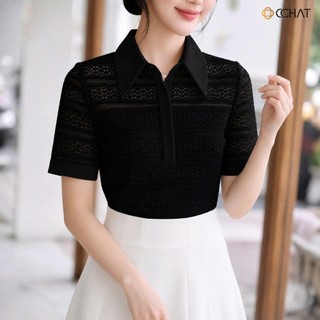 Áo Sơ Mi Nữ 𝐂𝐂𝐇𝐀𝐓 Dáng Suông Hana Phối Cổ Chất Liệu Cao Cấp 16FNT8027ST