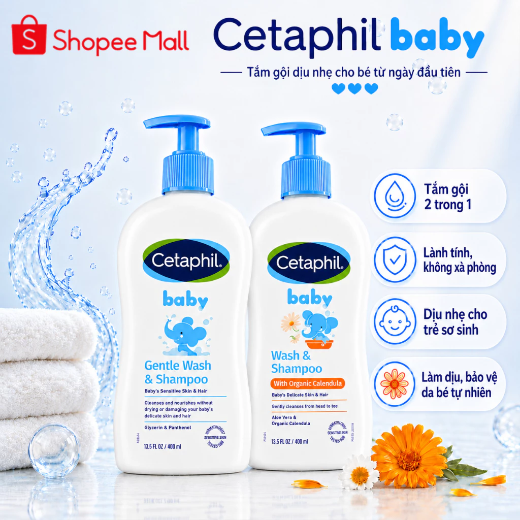 Sữa tắm gội Cetaphil cho bé 400ml Calendula hữu cơ