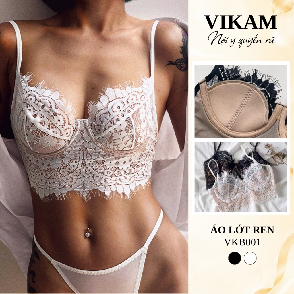Bra Ren Cao Cấp VIKAM Có Gọng Đệm Mỏng 0.5cm Nữ Mặc Phối Nhiều Phong Cách, Áo Lót Nữ Ren Cá Tính - VKB034