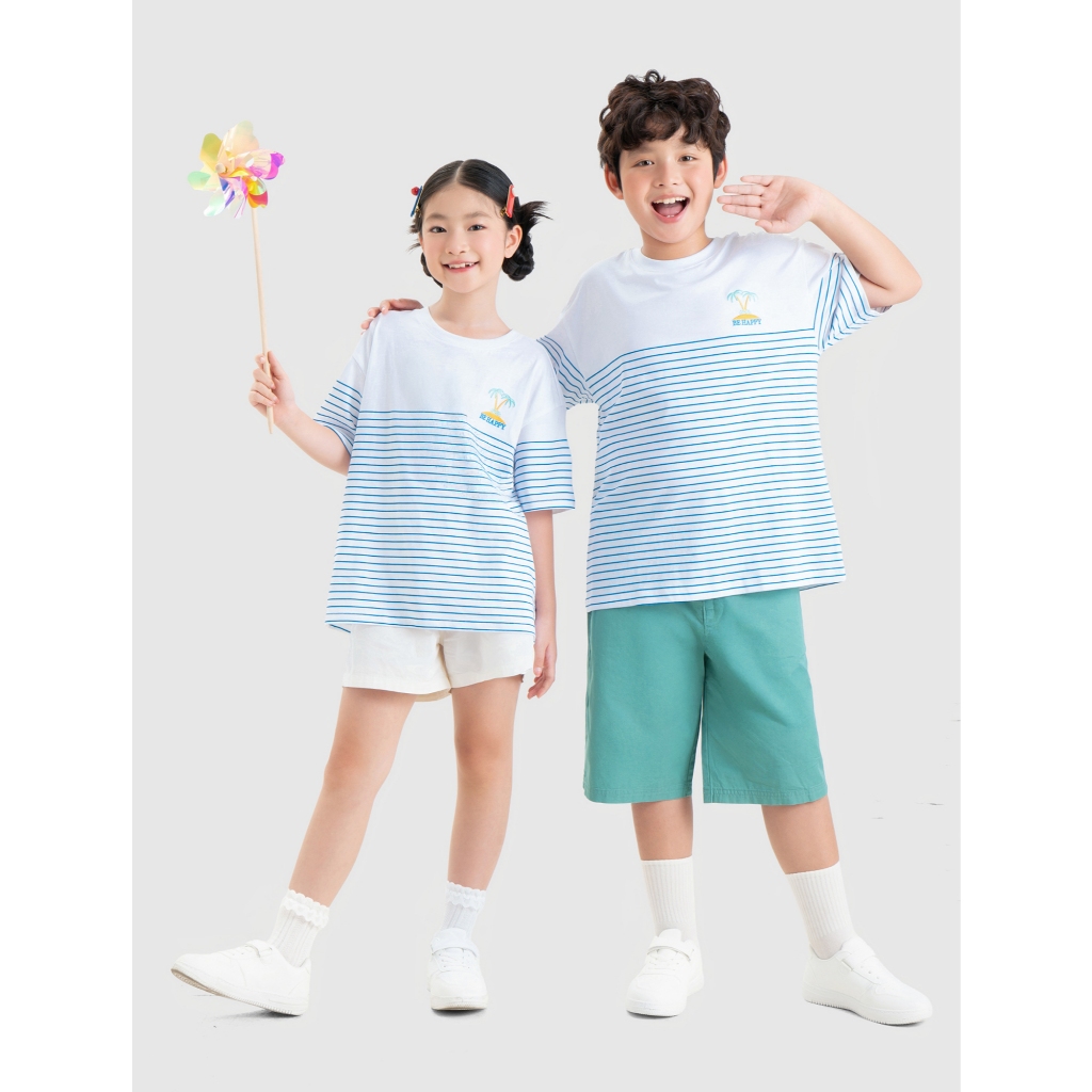 Áo phông unisex trẻ em CANIFA chất cotton USA mềm mát dáng rộng phối kẻ 3TS26S009