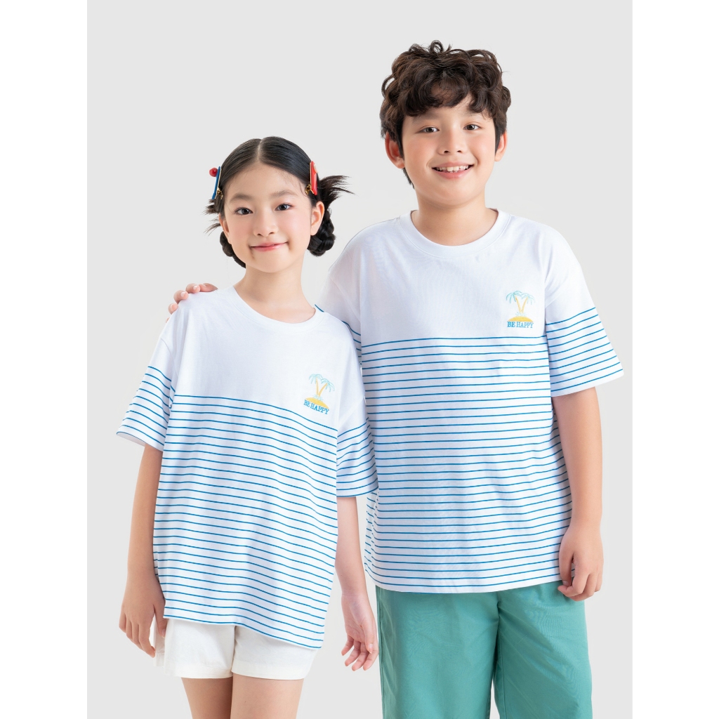 Áo phông unisex trẻ em CANIFA chất cotton USA mềm mát dáng rộng phối kẻ 3TS26S009
