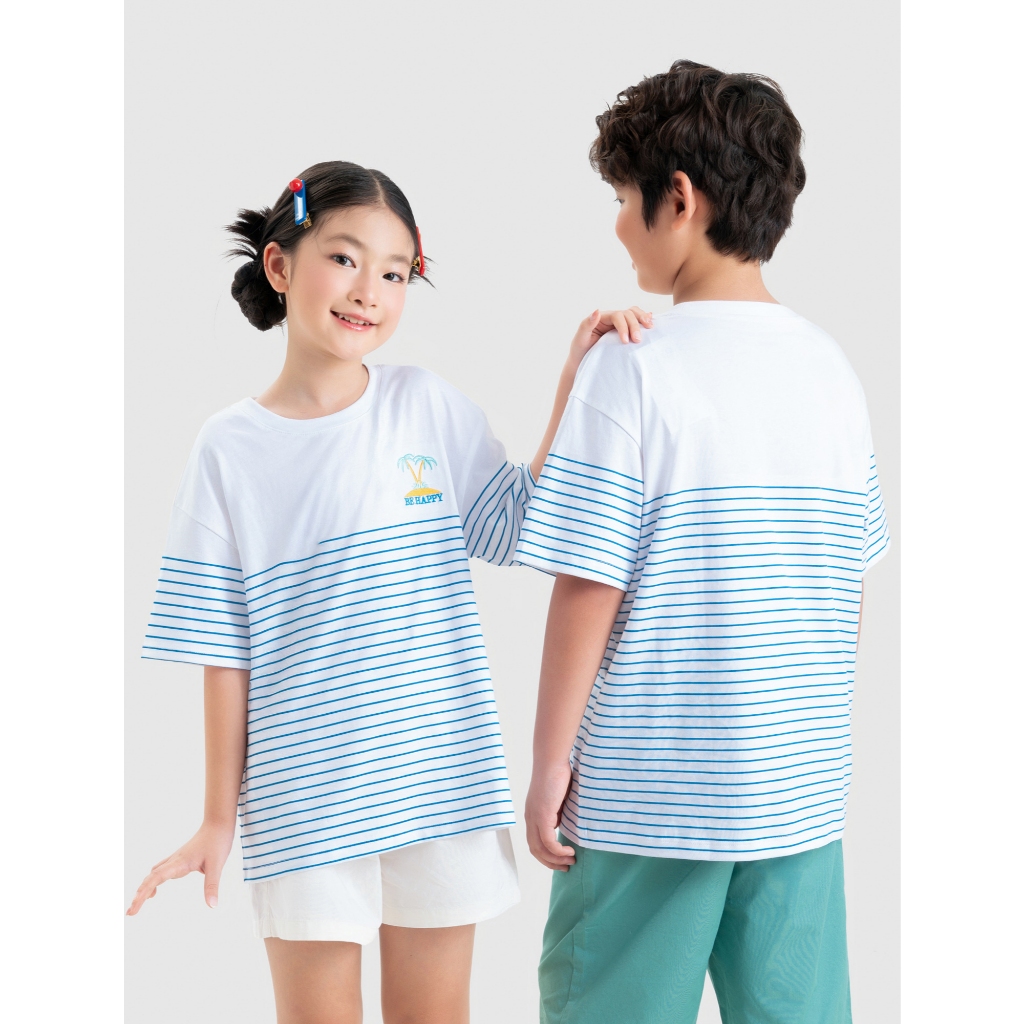 Áo phông unisex trẻ em CANIFA chất cotton USA mềm mát dáng rộng phối kẻ 3TS26S009