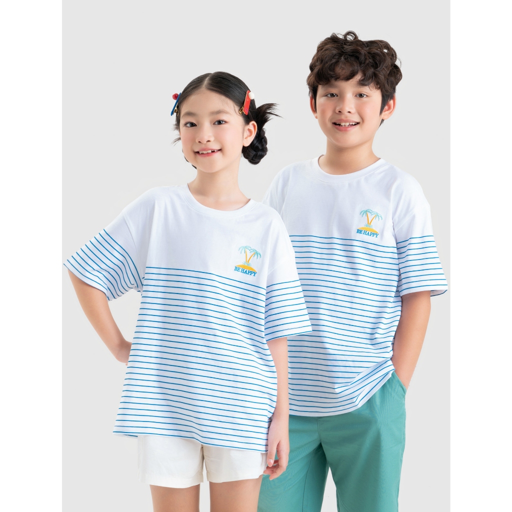 Áo phông unisex trẻ em CANIFA chất cotton USA mềm mát dáng rộng phối kẻ 3TS26S009